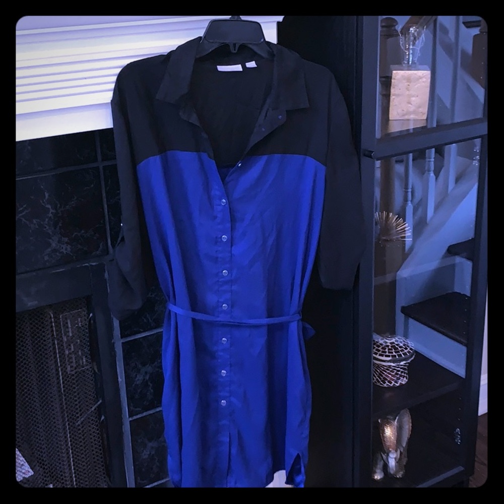 Blue & black button up dress with roll up sleeves